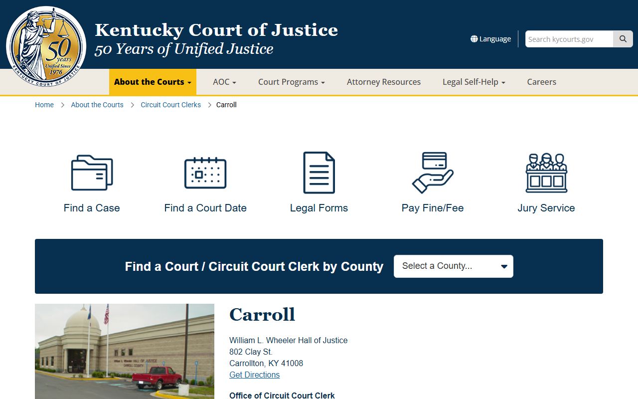 Carroll County court records Kentucky Court of Justice county page