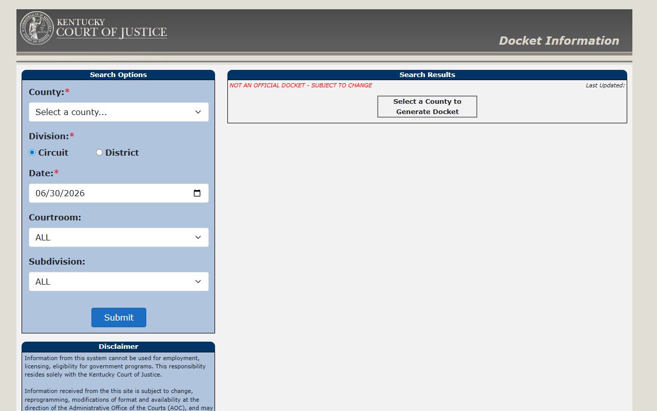 Carroll County court records KCOJ docket search page