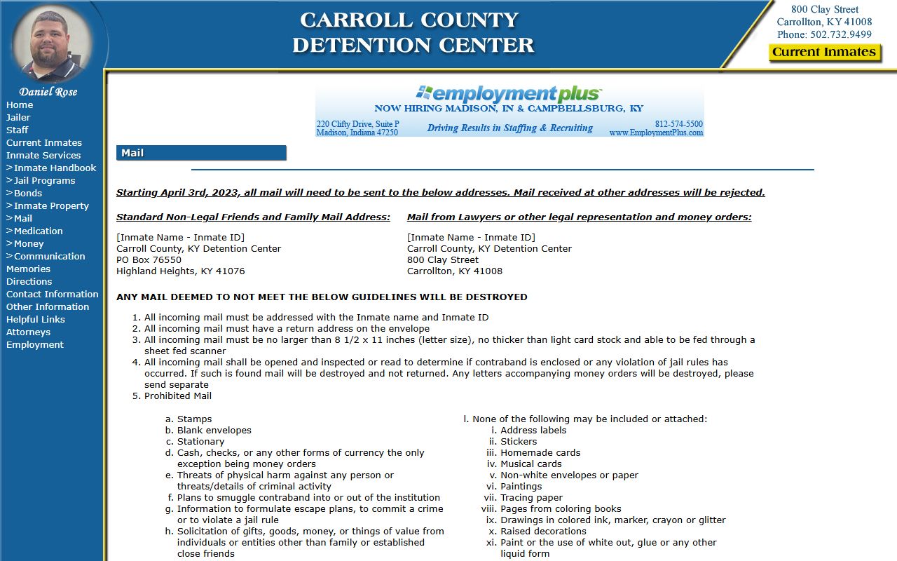 Carroll County inmate records mail rules from Carroll Detention