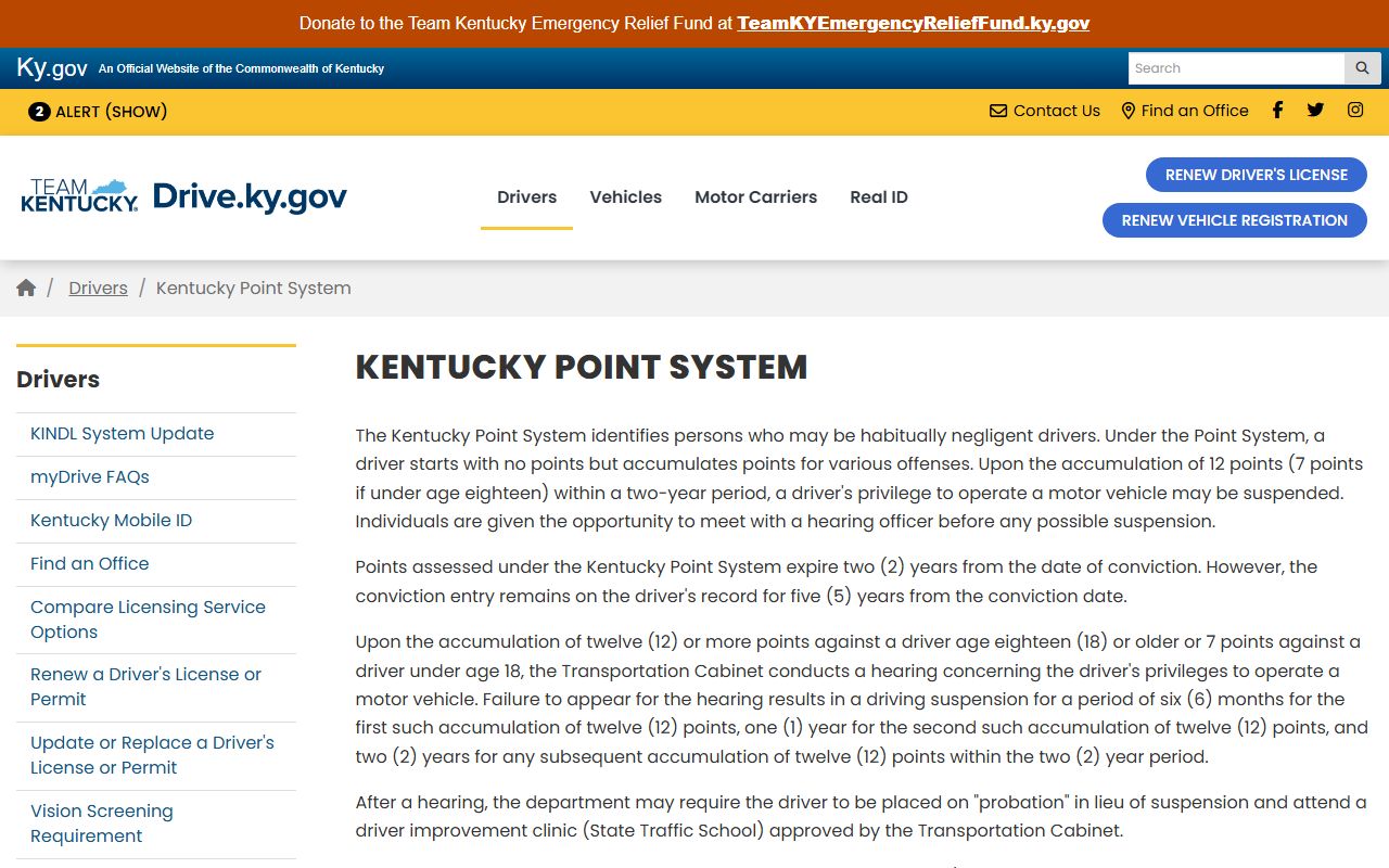 Carroll County traffic court records Kentucky point system information