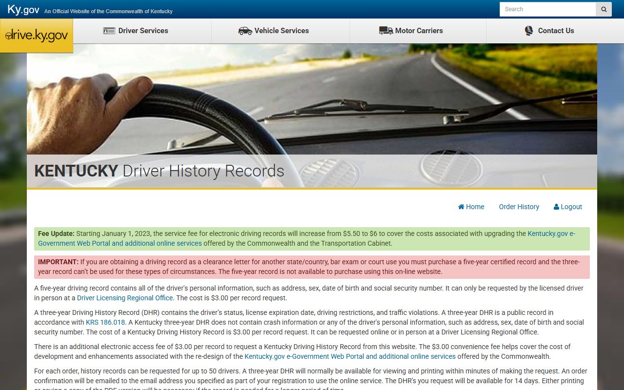 Carroll County traffic court records Kentucky online Driver History Record portal
